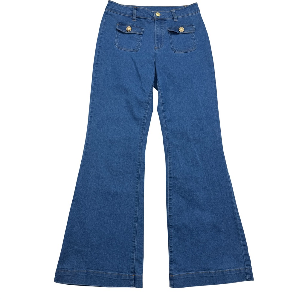 Jason Wu Jeans Women 4 Blue Flare High Rise Gold Button Front Patch Pocket Denim
